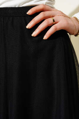 Beli Lastikli Siyah Tül Etek - Uzun Etek