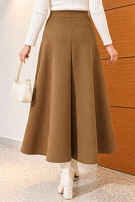 Beli Lastikli Süet Kloş Etek Yağ Yeşili - Etek