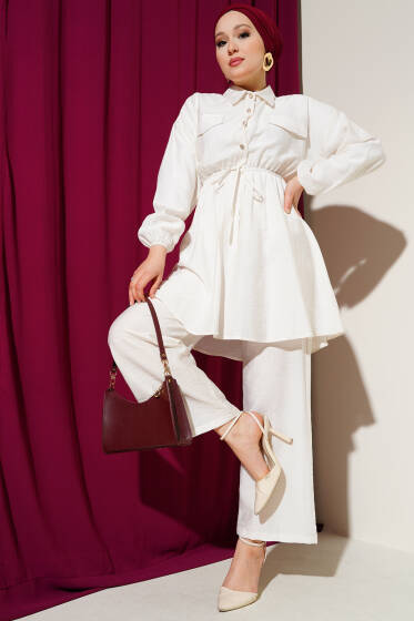 Beli Lastikli Taş Düğmeli İkili Takım Ekru - İkili Takım