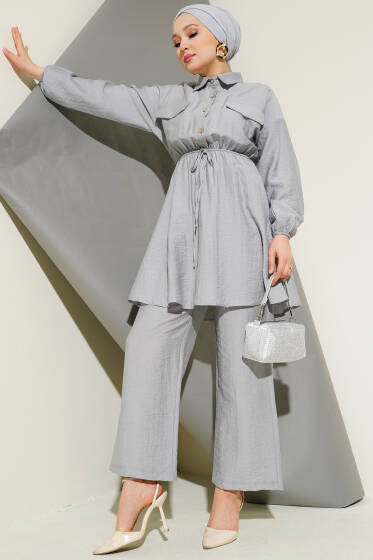 Beli Lastikli Taş Düğmeli İkili Takım Gri - İkili Takım