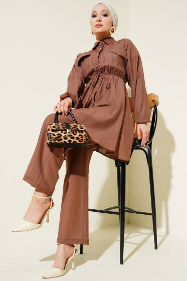 Beli Lastikli Taş Düğmeli İkili Takım Kahve - İkili Takım