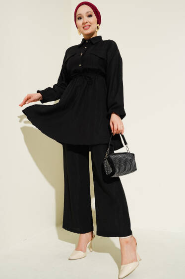 Beli Lastikli Taş Düğmeli İkili Takım Siyah - İkili Takım