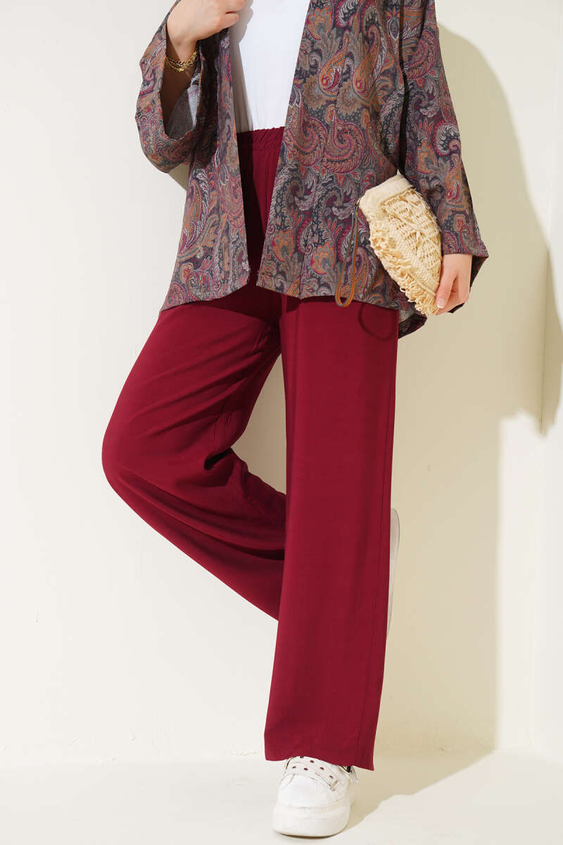 Beli Lastikli Tencel Pantolon Bordo