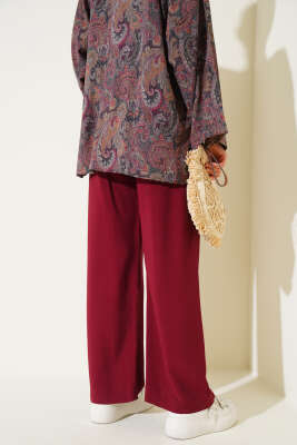 Beli Lastikli Tencel Pantolon Bordo - Pantolon