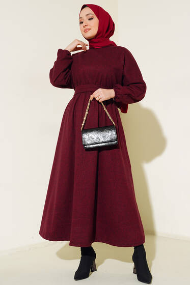 Beli Lastikli Zikzak Desenli Elbise Bordo - Tesettür Elbise