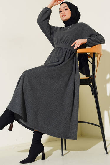 Beli Lastikli Zikzak Desenli Elbise Füme - Tesettür Elbise