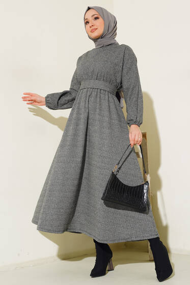 Beli Lastikli Zikzak Desenli Elbise Gri - Tesettür Elbise