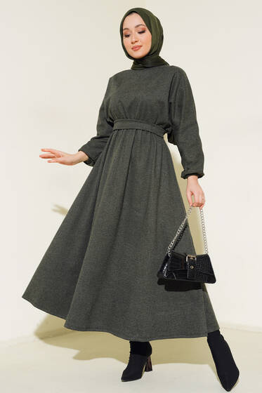 Beli Lastikli Zikzak Desenli Elbise Haki - Tesettür Elbise