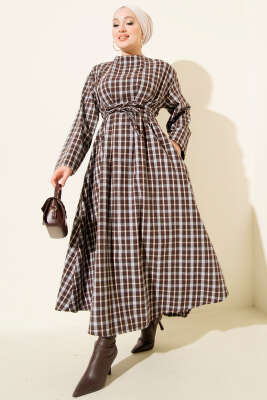 Beli Pens Detaylı Ekoseli Elbise Kahve - MISRA