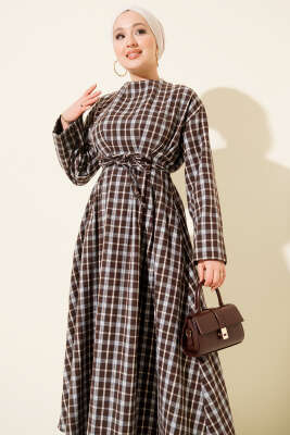 Beli Pens Detaylı Ekoseli Elbise Kahve - Elbise
