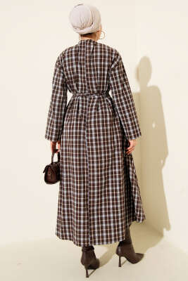 Beli Pens Detaylı Ekoseli Elbise Kahve - Elbise