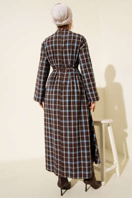 Beli Pens Detaylı Ekoseli Elbise Kestane - Elbise