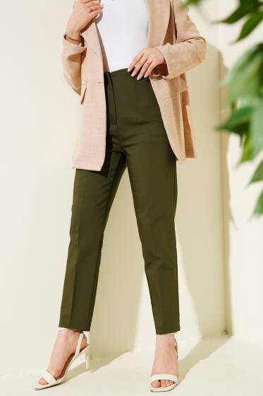 Beli Pensli Dar Paça Kumaş Pantolon Haki - Pantolon