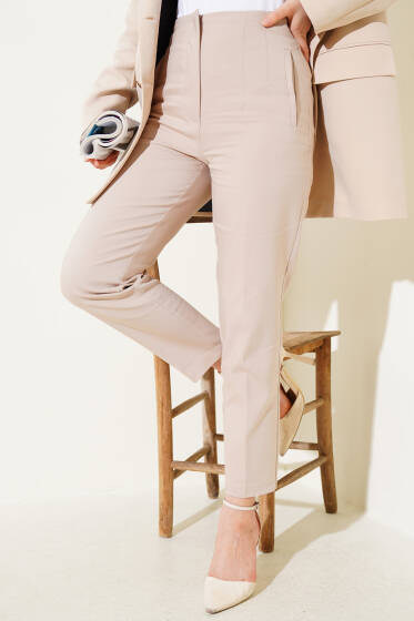 Beli Pensli Dar Paça Kumaş Pantolon Bej - Pantolon