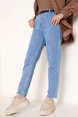 Beli Pensli Kemerli Jean Pantolon Açık Mavi