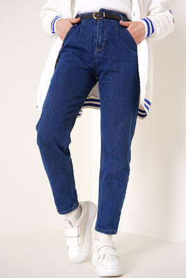 Beli Pensli Kemerli Jean Pantolon Koyu Mavi 