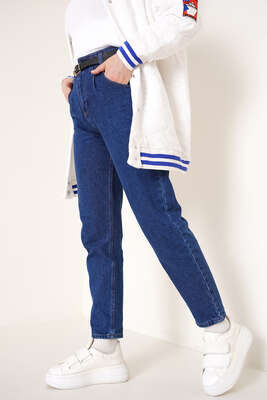 Beli Pensli Kemerli Jean Pantolon Koyu Mavi - Kot Pantolon