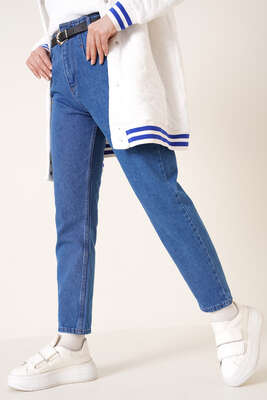 Beli Pensli Kemerli Jean Pantolon Orta Mavi 