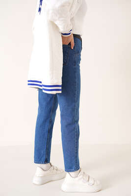 Beli Pensli Kemerli Jean Pantolon Orta Mavi - Kot Pantolon