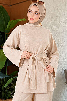 Beli Pensli Kuşaklı Basic İkili Takım Bej - İkili Takım