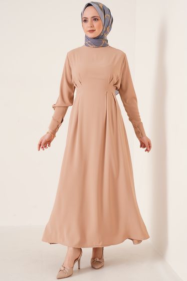 Beli Pensli Latte Elbise - Tesettür Elbise