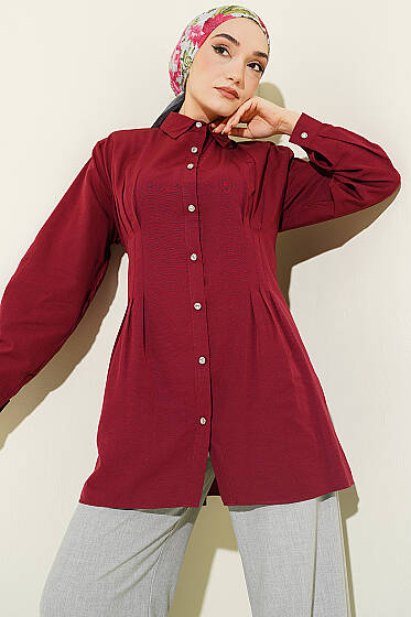 Beli Pensli Taş Düğmeli Gömlek Bordo - 300-500 TL Ürünler