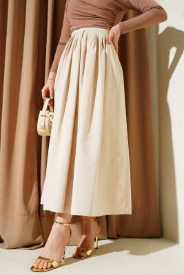 Beli Pileli Fermuarlı Etek Bej 