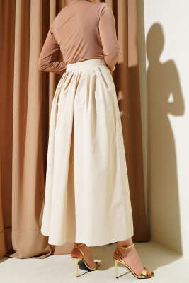 Beli Pileli Fermuarlı Etek Bej - Uzun Etek