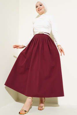 Beli Pileli Fermuarlı Etek Bordo - Uzun Etek