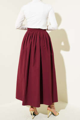 Beli Pileli Fermuarlı Etek Bordo - Uzun Etek