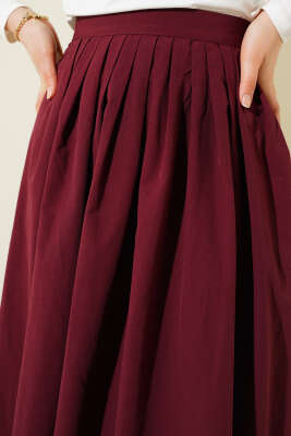 Beli Pileli Fermuarlı Etek Bordo - Uzun Etek