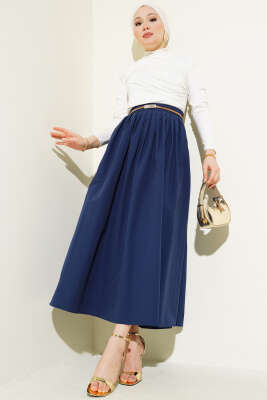 Beli Pileli Fermuarlı Etek Lacivert - Uzun Etek
