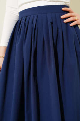 Beli Pileli Fermuarlı Etek Lacivert - Uzun Etek
