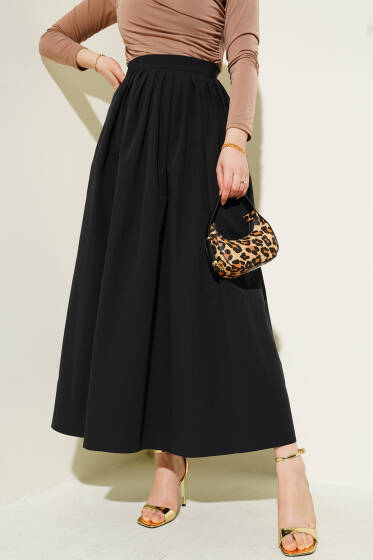 Beli Pileli Fermuarlı Etek Siyah - Uzun Etek
