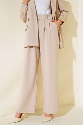 Beli Pileli Salaş Pantolon Bej - Pantolon