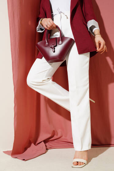 Beli Saten Bağcıklı Pantolon Ekru - Pantolon