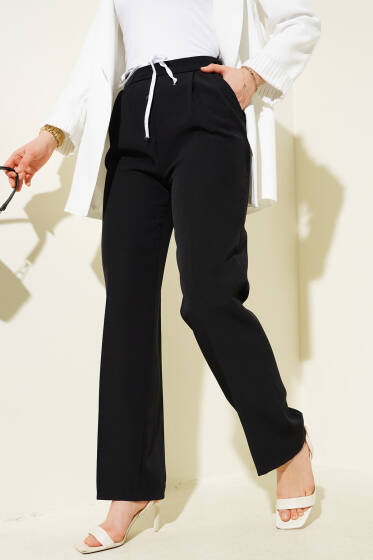 Beli Saten Bağcıklı Pantolon Siyah - Pantolon