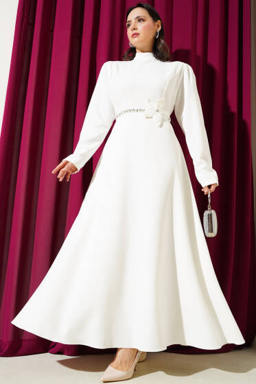 Beli Taşlı Çiçekli Elbise Beyaz - Elbise