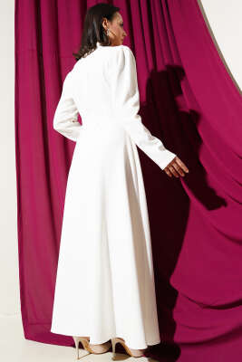 Beli Taşlı Çiçekli Elbise Beyaz - Tesettür Elbise