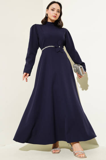 Beli Taşlı Çiçekli Elbise Lacivert - Elbise