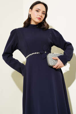 Beli Taşlı Çiçekli Elbise Lacivert - Tesettür Elbise