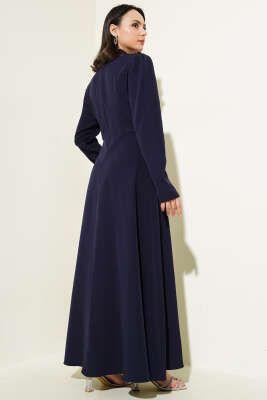 Beli Taşlı Çiçekli Elbise Lacivert - Tesettür Elbise