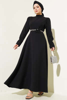 Beli Taşlı Çiçekli Elbise Siyah - Tesettür Elbise