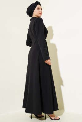 Beli Taşlı Çiçekli Elbise Siyah - Tesettür Elbise