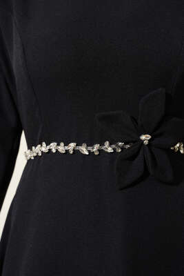 Beli Taşlı Çiçekli Elbise Siyah - Tesettür Elbise