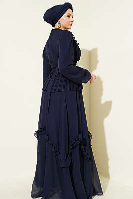 Beli Taşlı Fırfırlı Şifon Abiye Elbise Lacivert - Elbise