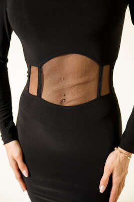 Beli Transparan Detaylı Sandy Mini Elbise Siyah - Kadın Giyim Modelleri