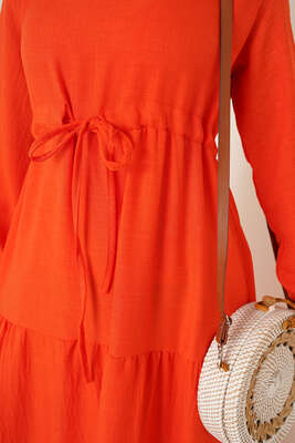Beli Tünel Bağlamalı Elbise Oranj - Thumbnail