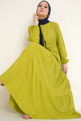 Beli Tünel Bağlamalı Elbise Yağ Yeşili - Thumbnail