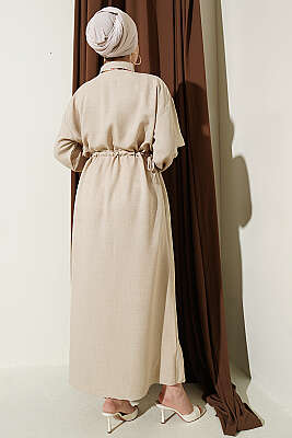 Beli Tünelli Bağlamalı Fularlı Elbise Bej - Elbise